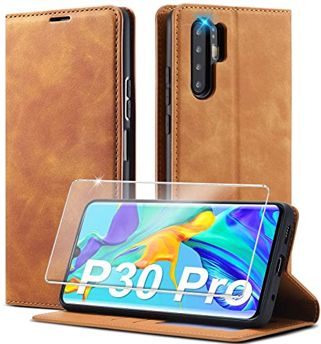 Handyhülle für Huawei P30 Pro Hülle Leder [1 Stück Panzerglas] [Premium PU Leder] Klappbar Handyhülle für Huawei P30 Pro Hülle 360 Grad Stoßfeste Flip Standfunktion Schutzhülle Case für Huawei P30 Pro