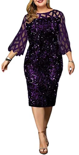 Minetom Femmes Manches 3/4 Lâche Grande Taille Robes Elégante Paillettes Au Genou Robe de Soirée Cérémonie Cocktail Mariage A Violet XXL