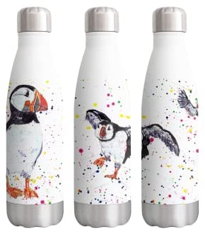 Vixar Puffin Bird Watercolour rainbow art Bottle double Wall insulated Stainless steel sport Drinks 500ml WHITE Gift ideal for school work office Oudoor sports keeps Hot and Cold Drinks