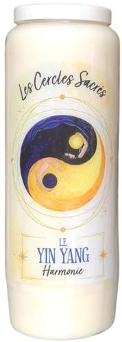 Kerze Novene der heiligen Kreise, Dekor: Yin und Yang, Ø 6,5 cm x 18 cm, 100% pflanzliches Wachs, Texte in französischer Sprache