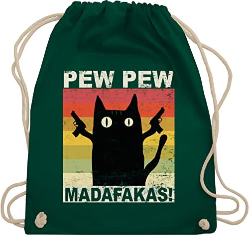 Turnbeutel Rucksack - Sprüche Statement - Pew Pew Madafakas - Unisize - Dunkelgrün - mit aufschrift cat beutel statements cats stoffbeutel sprüchen katze beuteltasche katzen backpack katzen-