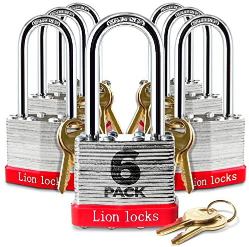 Lion Locks 6 Keyed Alike Padlocks with 2 Long Shackle, 12 Keys - Padlocks for Outdoor Use, Locks with Keys, Hardened Steel Case, Pick Resistant Brass Pin Cylinder for Hasp Latch, Locker, Gate