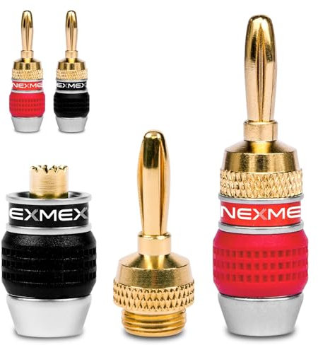 NEXMEX Bananenstecker für Lautsprecherkabel - 4 Stück Steckverbinder als Set - Stecker 24K vergoldet - für HiFi Receiver