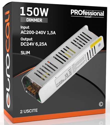 Alimentatore 24V 6.25A 150W per Strisce LED e altri dispositivi - Uso Interno Input 200-240V Morsetti a Vite - a 2 Uscite in Metallo