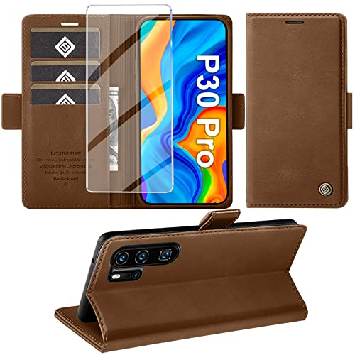 Giyer Handyhülle für Huawei P30 Pro Hülle mit Schutzfolie, Standfunktion Kartenfach Wallet Premium Leder Schutzhülle P30 Pro Flip Case Cover Stoßfeste Klapphülle für Huawei P30 Pro 6.47 Zoll (Braun)