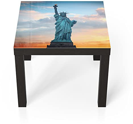 DEQORI Glastisch | schwarz klein 55x55 cm | Motiv New Yorks Lady Liberty | ausgefallener Beistelltisch aus Glas | Hochglanz Couchtisch fürs Wohnzimmer | moderner Couch Tisch mit Design