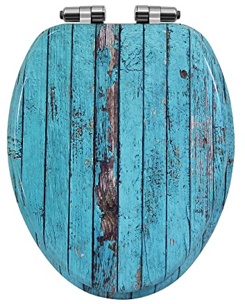 EMMTEEY Rustic Elongated Toilet Seat Old Wood Green Turquoise Bathroom Toilet Seat Cover Elongated Wood Toilet Seat with Quiet Close Easy Clean Slow Close Adjustable Toilet Seat Removable Toilet Seat