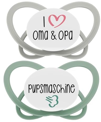 nip - Butterfly | 0-6 Monate | Stillfreundlicher, luftdurchlässiger Babyschnuller für Babys. Nachhaltiger Schnuller mit weichem Silikonsauger, inkl. Schnullerbox | 2 St., Oma&Opa/Pupsmaschine