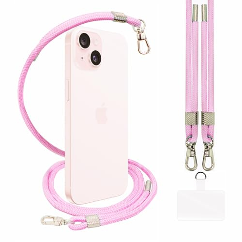 AHABIPERS Handykette Universal zum Umhängen, Nylon Handyband kompatibel mit Jeden Smartphones, Verstellbar und Abnehmbar Kette zum Umhängen, Hülle mit Kordel, Handyband für Jeder Hülle, Rosa