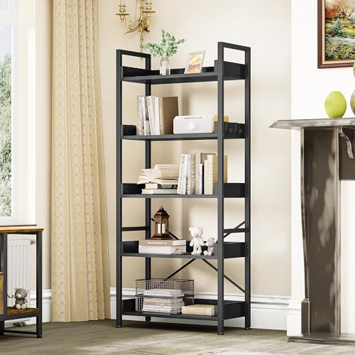 YITAHOME Bücherregal 5 Etagen, Bodenstehendes Bücherregal, Holzregal und stabiles Stahlrahmenregal mit 4 Haken Industrielles Lagerregal für Wohnzimmer, Heimbüro, Schwarz