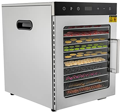 220 V, 800 W, essiccatore in acciaio inox, 10 ripiani, regolatore di temperatura da 30 – 90 °C, funzione timer da 0,5 – 24 h, disidratatore per frutta, verdura, carne e tè, senza BPA