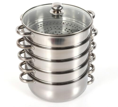 LANNADD 5 Etagen Edelstahl Topf, 26cm Dampfgarer Kochen Gemüsekocher Kochgeschirr Premium Topf, Stapelpfanne Edelstahl Kochgeschirr für Knödelfond Milchtopf Lebensmittel für Alle Herdarten