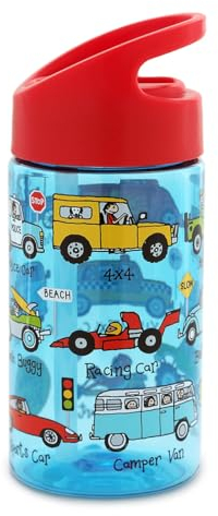 Tyrrell Katz Kids Drinking Bottle with Cars Print and Straw - Dishwasher Safe Lightweight Boys Sports Water Flask - 400 ml