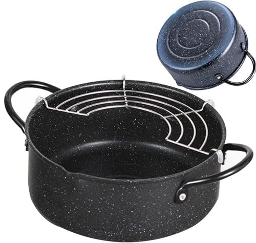 HBBursts Cooking Pan with Strainer, Deep Fry Skillet, Professional Cast Iron Frying Pan, Multi Stovetops Compatible, Healthy Safe