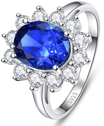 Yaresul Damen Ringe Silber 925 Saphir Ringe Ovaler Schliff Ringe Frauen Solitär Tansanit Ringe mit Halo Cubic Zirconia Inspired von Prinzessin Diana's Verlobungsring Damen Größe 57(18.1)