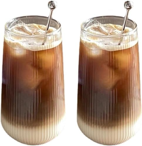 Lot de 2 Tasse de Latte Macchiato Verre Tasse Ensemble, 500ML,côtelé Tasse en verre,Transparent,résistant à la chaleur, latte, macchiato, cappuccino, bière, lait, thé.