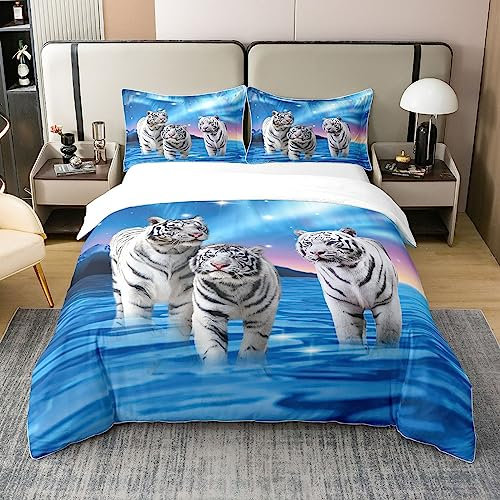 Loussiesd Tiger 100% Baumwolle Bettwäsche Set 135x200cm Wild Tier Bettbezug Set für Kinder Jungen Mädchen Wildlife Betten Set Safari Cat Bettbezug Blau