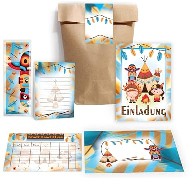 12 Einladungskarten zum Kindergeburtstag Einladung Party Geburtstag Mädchen Jungen Mitgebsel inkl. 12 Umschläge, 12 Tüten, 12 Aufkleber, 12 Lesezeichen, 12 Blöcke, 12 Stadt-Land-Fluss Indianer
