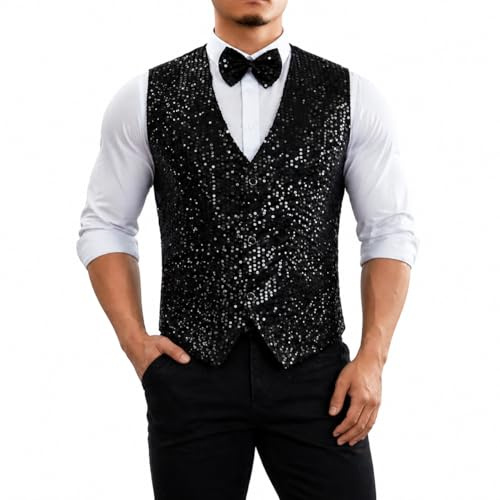 Caziffer Glänzende Pailletten-Weste für Herren, tiefer V-Ausschnitt, einfarbig, Partykleid, Anzugweste, Fliege, Knopf, Weste für Business, Hochzeit