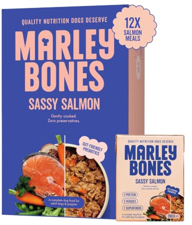 Marleybones Salmon Wet Dog Food Pouches 390g x 12 | Pantry Fresh® & Made from Real Ingredients | Grain Free Dog Food | No Artificial Additives | Suitable for All Life Stages - Puppy, Adult, & Senior