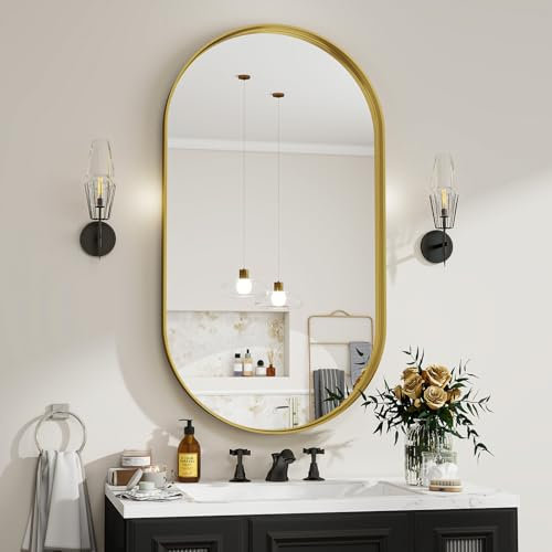 BEAUTYPEAK Wandspiegel Oval Tiefer Rahmen Badezimmerspiegel, 51x91 cm Gold Ovaler Rahmen aus Aluminium Spiegel, Hängender Wandspiegel für Flur, Wohnzimmer, Gold Wall Mirror