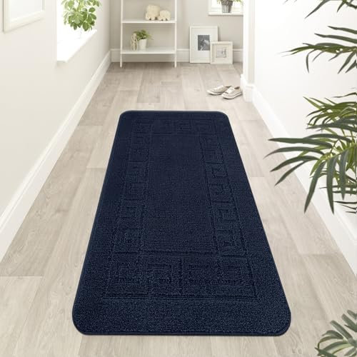 renoazul® Anti Slip Hallway Carpet Runner Rug - 60 x 220 cm Non-Slip Gel Back Door Runners Rug, Washable Long Enterway Anti Slip Rugs For Living Room And Hallway (Gel Back Rocco Rug - Navy)