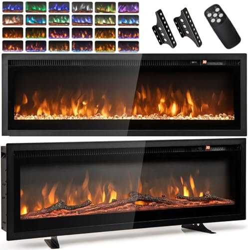 TANGZON Electric Fireplace, Freestanding Wall Mounted Fireplace Heater Insert with 12 Flame Colors, 5 Flame Brightness, 8H Timer, Remote Control, 750W or 1500W, Crystal & Log Set (102 x 14.2 x 34.1cm)