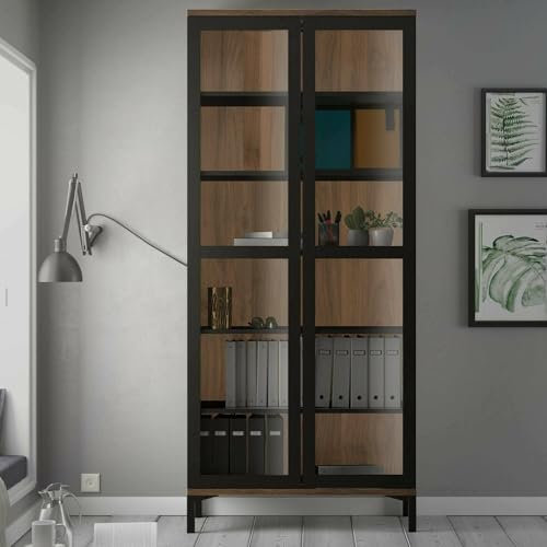 Dmora - Vitrine Lisanne, Glas-Sideboard, Mehrzweckvitrine, Hängendes Bücherregal mit Glastüren, 89x36 h203 cm, Schwarz und Walnuss