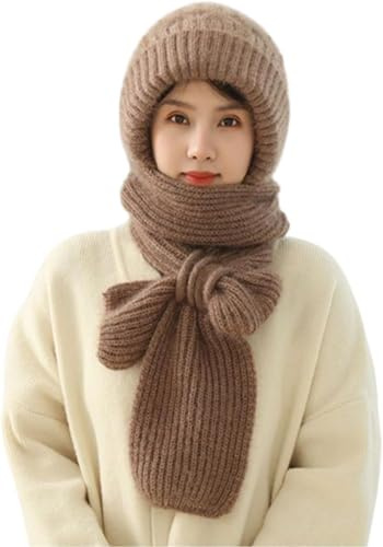 Vmhkjo Integrierter Gehörschutz Winddichte Mütze Schal,2 in 1 Winddichter Mützenschal Niedlich Mütze Schal Set Damen mit Brosche Winter Warm Strickmütze,Kapuzenschal für Frauen