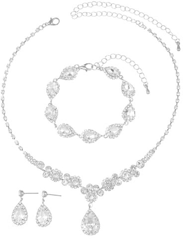 FDEETY Schmuck Set Tropfen Zirkonia Kupfer Schmuckset 3 Pcs Armbänder Ohrringe Halskette ideal für Bräute, besondere Anlässe und elegante Abendkleide（Silber）