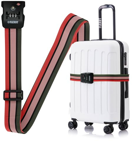 Flexot® F-3046 | Koffergurt mit Clip-Schnalle, TSA + Zahlenschloss | Verstellbare Länge | reißfestes Gewebe | für alle Koffer wie Handgepäck, Reisekoffer aus ABS oder Stoff (Rot-Rosa-Braun)