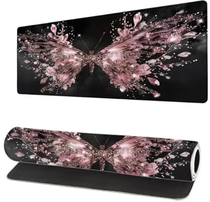 Grand Tapis de Souris XXL 900x400x3mm, Tapis de Souris Gamer Noir avec Surface en Antidérapant Résistant à l'eau Tapis de Bureau Mouse Pad Papillon, sous Main Souris à Bords Cousus pour Bureau X-7