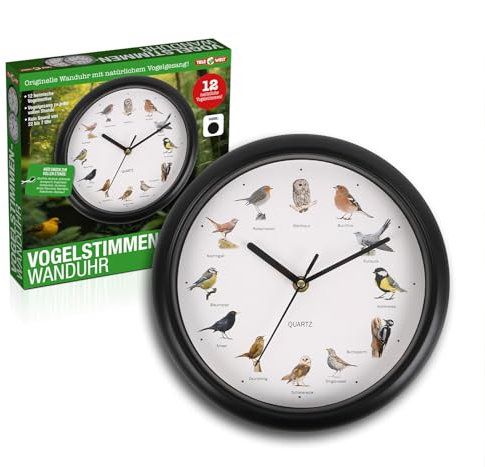 TELE WELT Wanduhr mit Vogelstimmen, schwarz [12 Vogelstimmen] modern - Wohnzimmer Uhr - Analog - Küchenuhr - Schwarze Wanduhr