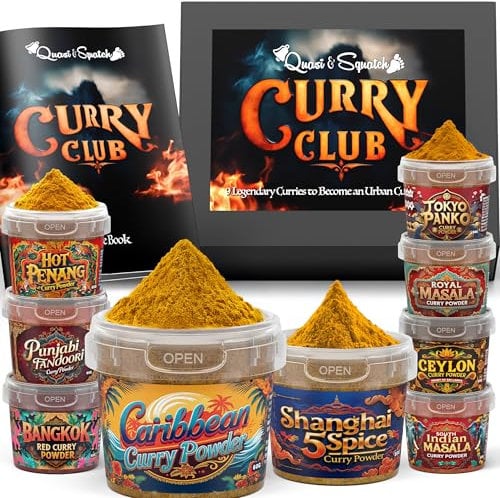 Curry Club by Quasi & Squatch - Curry Night Kit | 9 x 60g Authentic Spice Pots | 9 Pro Recipes Booklet | Gift Box with Nine Unique Powders from Around the World for Gourmet Curries at Home