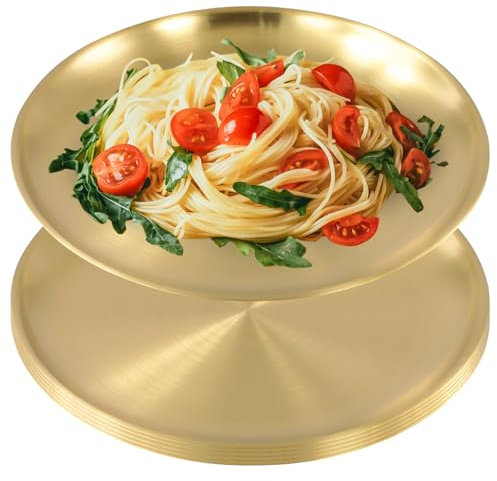 SINJEUN 6 Stück Edelstahl Teller Gold 20 cm, Goldene Edelstahl Rundes Geschirr, Edelstahlteller Camping Tablett für Küche