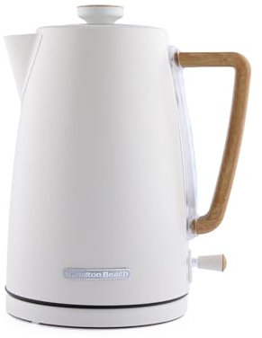 Hamilton Beach Electric Kettle, Scandi 1.7L, Boil Dry Protection, Auto Shut Off, Water Level Window, Stay Cool Handle, Ergonomic Grip, Matte Cream with Wood Effect - HBK01MC