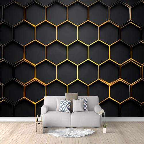 WHUOEUCO 3D Photo Wallpaper Geometric Gold Hexagon Black 300x210 cm Wall Mural Non-Woven Panoramic Poster Home Decoration Wallpaper Murals for Living Room, Bedroom, Kids Room, Office