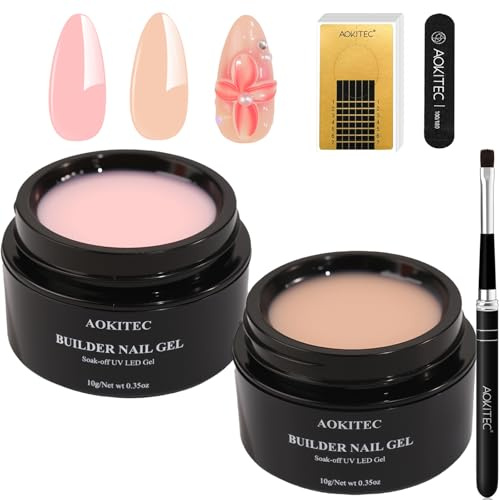 Aokitec Builder Nail Gel Kit - Pink Nudes Builder Hard Gel with 100pcs Nail Forms & Brush for Precise Application, Biab for Extension & Repair & French Manicure, Gift for Enthusiasts Student Salon