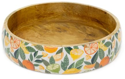 Shallow White Citrus Zest Wooden Fruit Bowl | Mango Wood Enamel Salad Bowl | Decorative Serving Dish - 30cm