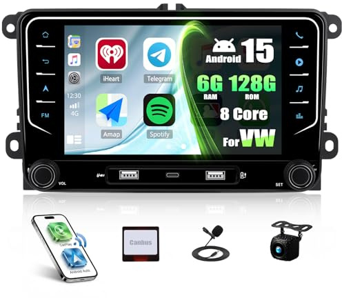 6G+128G 8 core GOHHDL 7 Pollici 2 Din Android 15 CarPlay Schermo Autoradio Navi per VW Golf 5 6 Polo Touran, Autoradio Schermo con GPS WIFI Bluetooth FM/RDS Radio EQ SWC Retrocamera e MIC