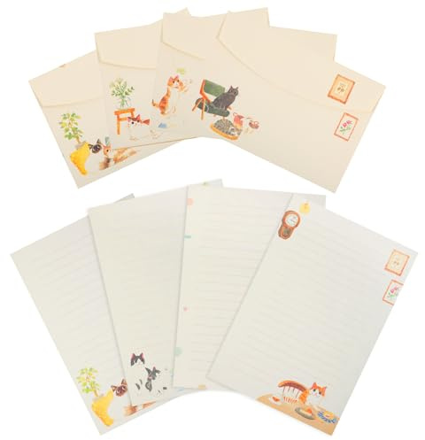FNANJWQ 36 Stück Katzenbriefpapier Umschläge Set, Warmes Süßes Katzenmotiv Briefbögenblock liniert für Einladungen Geschenkdekorationen (24 Liniertes Briefpapier mit 12 Umschlägen)