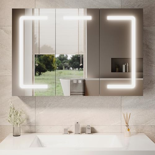 SUNXURY Badspiegelschrank 900x600x130mm Spiegelschrank Bad mit Beleuchtung Dreitüriger Spiegelschrank aus MDF Badschrank hängend mit Antibeschlag und Steckdose Touchchalter Marokkanisches Grau