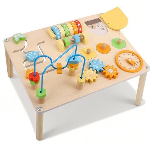 VIHBRAI Holz-Aktivitätstisch für Kinder, Baby Montessori Spielzeug 8-in-1 Spieltisch ab 1 2 3 Jahr, Kinderspielzeug Holzspielzeug Activity Tisch ab 12+ Monate, Eburtstag Weihnachten Geschenk