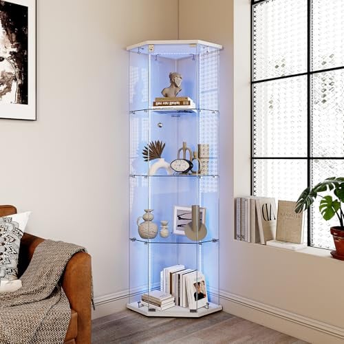 Vitrine aus Glas mit LED, Sammlervitrine Pentagon, transparent, Glasvitrine mit 4 Schichten mit 1 Tür, freistehend, moderne gehärtete Vitrine für Wohnzimmer, Bar, Schlafzimmer, Büro (A)