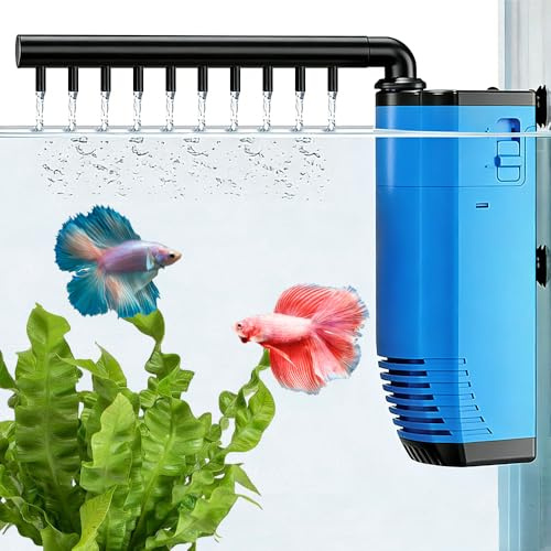 Small Fish Tank Filter, 3 in 1 Aquarium Filter, Internal Submersible Aquarium Filter for 30-80L Fish Tank, Low Noise, with Foam & Spray Rod, 210L/H, for Aquariums, Turtle, Fish, Shrimp, Blue
