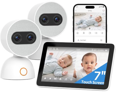 Meeye Babyphone mit 2 Kameras und 7 Zoll HD Touchscreen, Split-Screen Baby Monitor mit App & Ohne WLAN, Dual-Objektiv Hybrid-Zoom, PTZ Auto-Tracking, KI Weinen- & Gesichtsabdeckung-Alarm