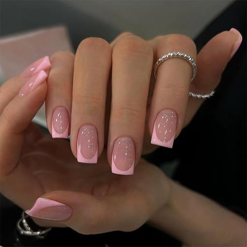 24 Pcs Pink Tip Press On Nails - Light Pink Square False Nails - Glossy Full Cover Stick On Nails - Medium Acrylic Reusable Glue On Nails for Women