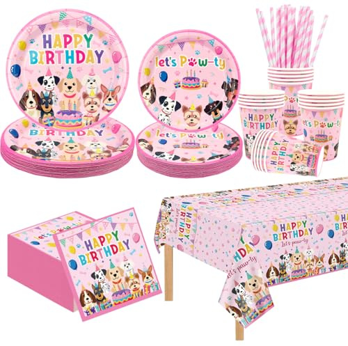 Dog Birthday Party Supplies, 20 Guests, Puppy Theme Birthday Decorations Includes Plates, Napkins, Cups, Tablecloth, Straw for Dog Party Decorations