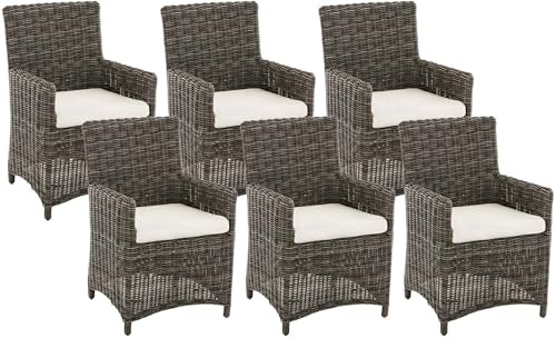 CLP Gartenstuhl 6er Set Fontana, Polyrattan Gartenstühle, Hochlehner mit Sitzkissen, Wetterfeste Garten-Sessel mit Armlehnen, Outdoor Stuhlset, Farbe:grau-meliert, Polsterfarbe:Cremeweiß