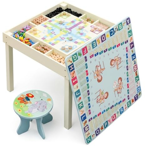 JISADER Kindtisch mit Stauraum aus Naturmatial, multifunktional Aktivitätstisch mit wendbar Tischplatte, Spielzeug-Aufbewahrungstisch für Kleinkind, Multifunktionaler Spieltisch
